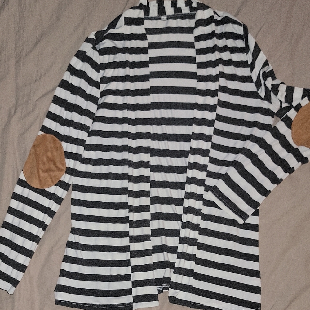 Striped Black and White Sweater with Tan Elbow Patches